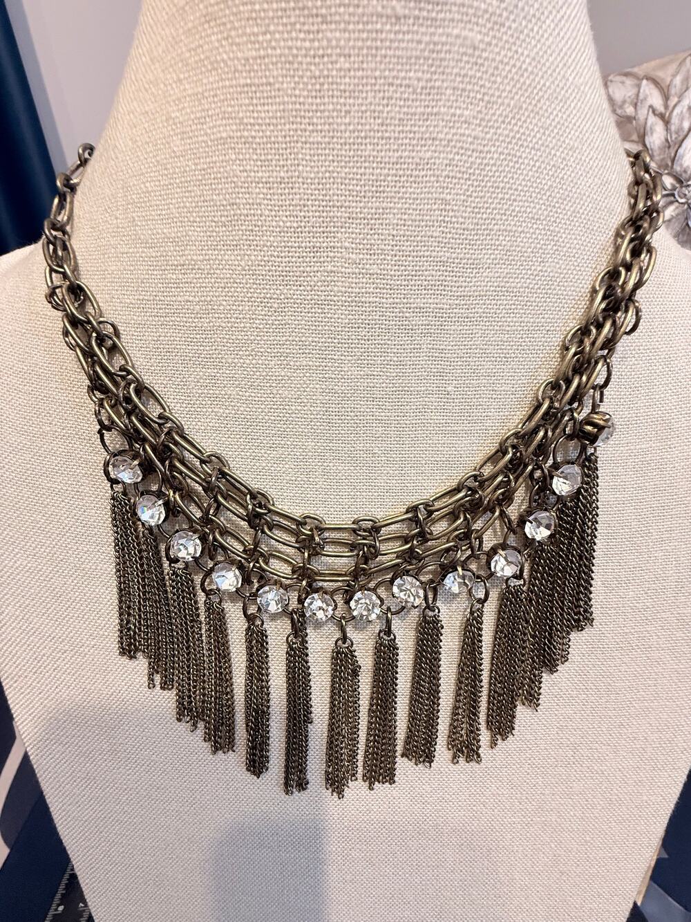 Vintage RUNWAY Necklace Brass Tone Rhinestone Fringe Tassel Statement 18”